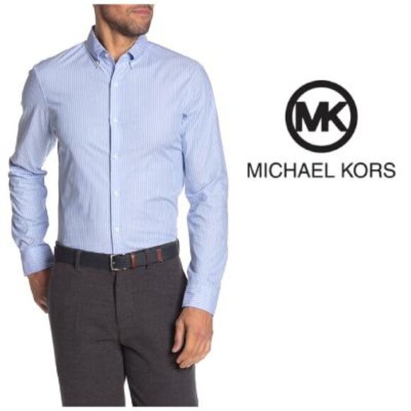 Michael Kors Mens Blue Striped Collared Button Down Dress Shirt Sz M New - Picture 8 of 9